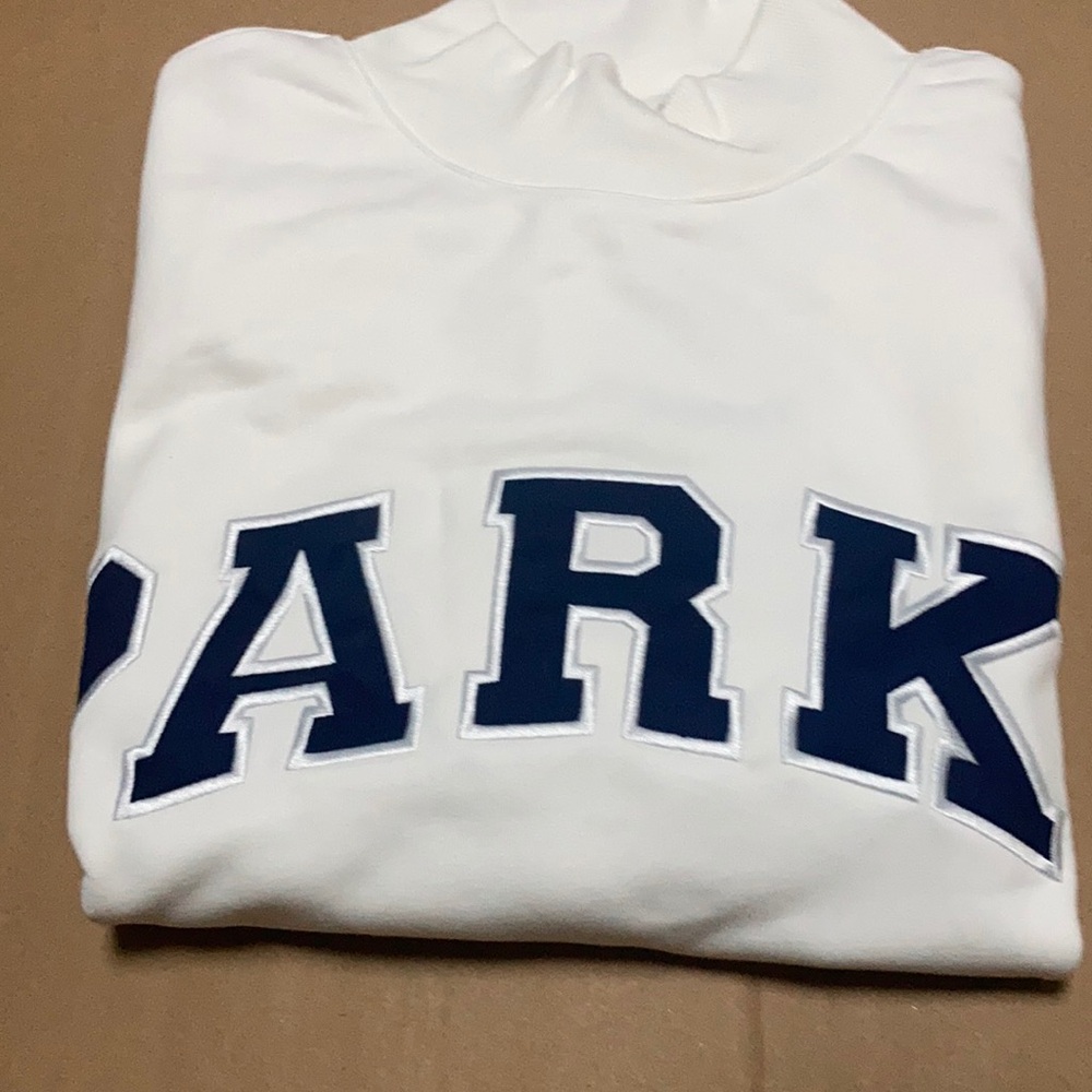 Retro Preppy Mock Neck Pullover with Navy Parke lettering size small / medium